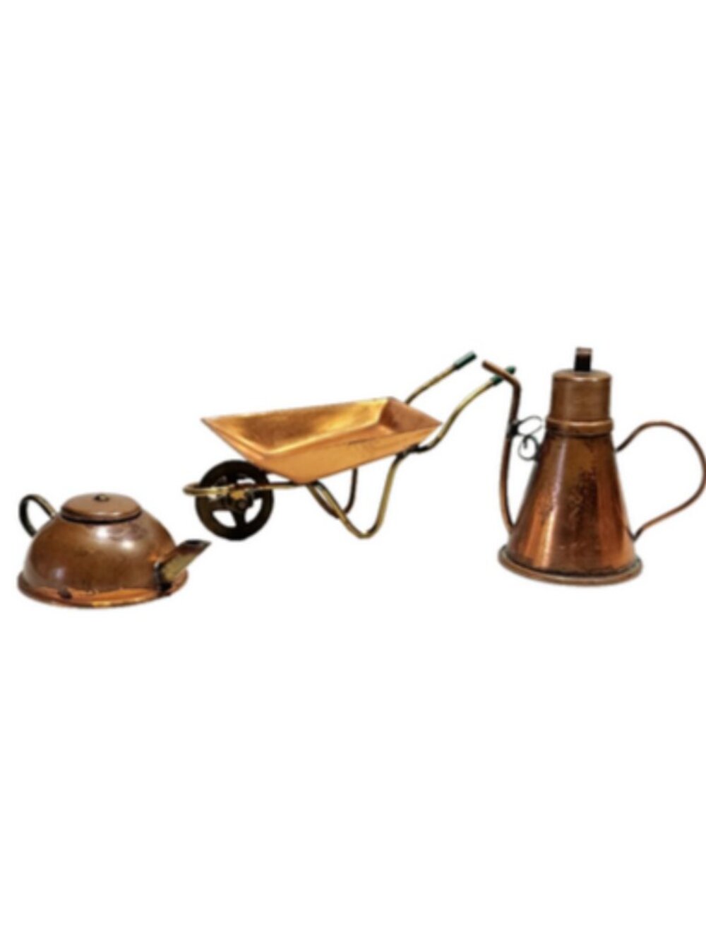 Copper/Metal Miniature Lot of 2 Kettles w/Lids & Wheelbarrow Vintage